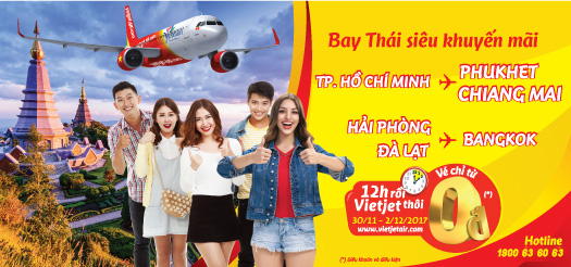 15,000 vé máy bay 0 đồng đi Thái Lan từ Vietjet Air